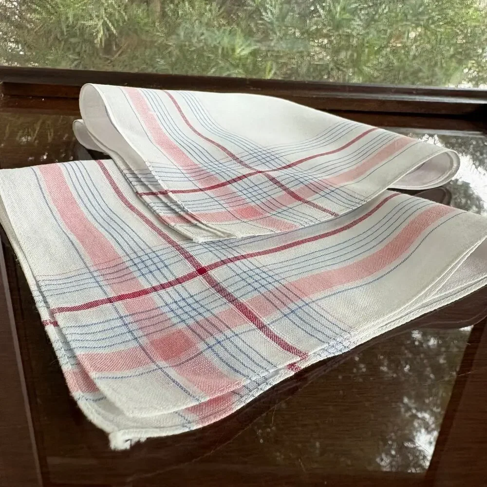 Vintage Plaid Cotton Handkerchief Set Pink Blue 11x11